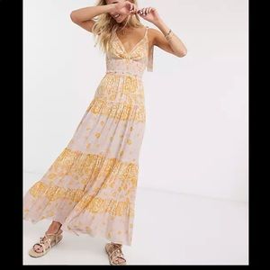 Large Free People Long Yellow Sun Dress with Tie Straps